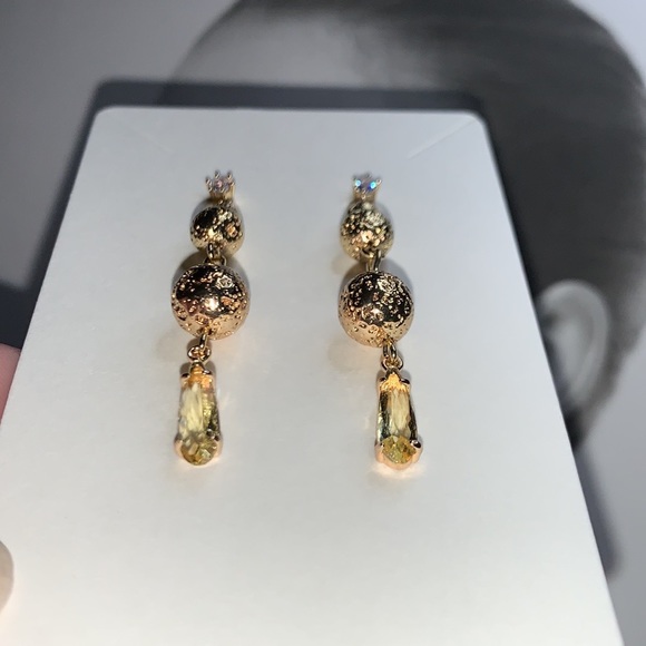 Sheer Yellow Teardrop Faceted Drop Dangle w Gold Semi Precious Lava Bead on CZ - Picture 9 of 16